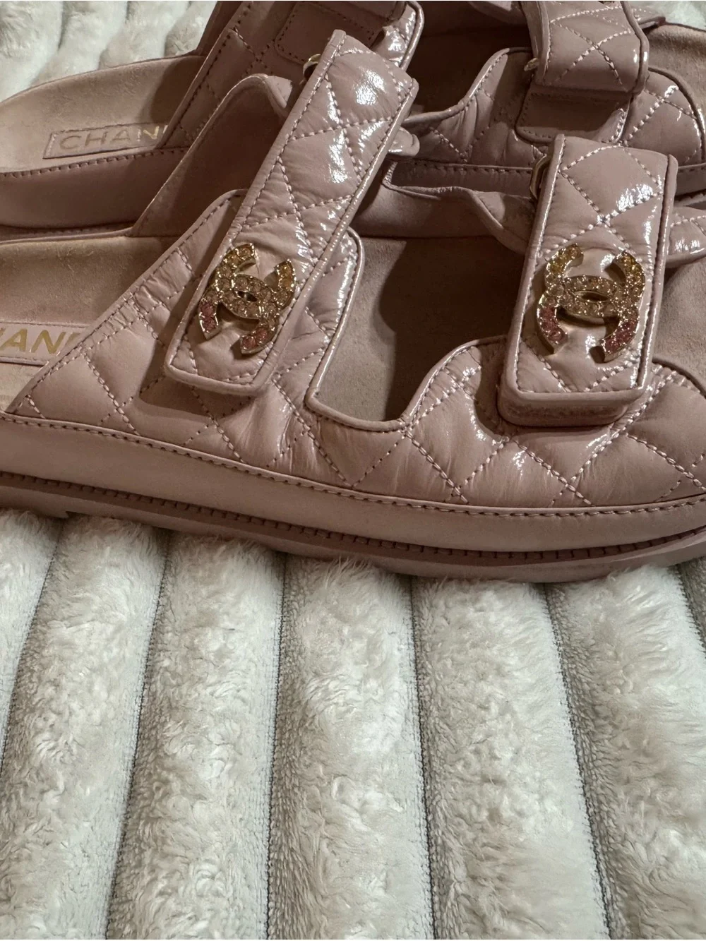 CHANEL Pale Pink Quilted Patent Leather Double-Strap Slide Sandals with Gold CC